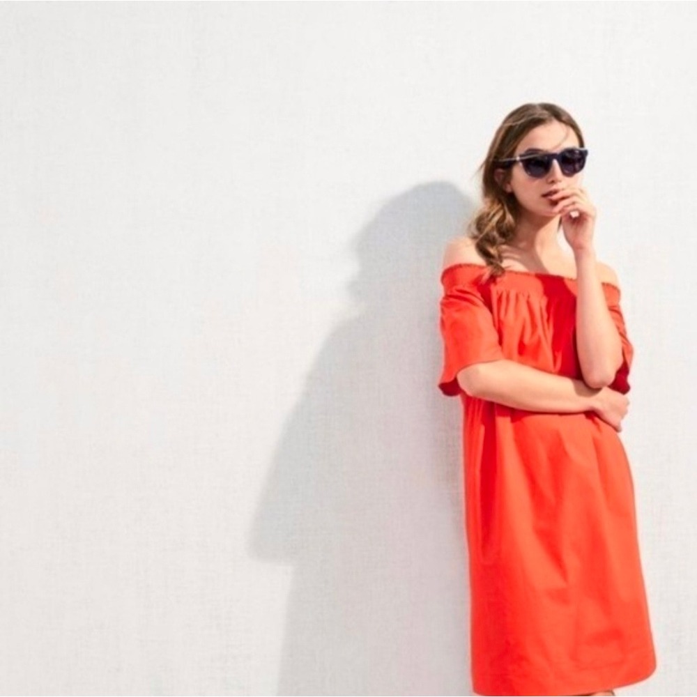 J.Crew Womens Orange Red Smocked Off the Shoulder Cotton Mini Shift Dress Size 4